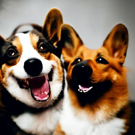 Prompt: a film still of a horror movie featuring two corgi dogs, evil, close - up shots, spooky, photography, award - winning, eerie, 4 k