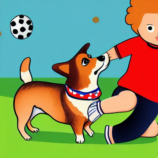 Image similar to illustration of french boy in paris playing football against a corgi, the dog is wearing a polka dot scarf