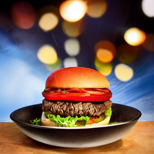 Image similar to a juicy hamburger swimming in a bowl of coca cola, 8 k resolution, studio lighting, sharp focus, professional food photography, hyper - detailed