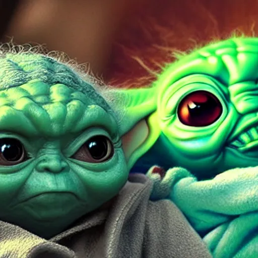 Image similar to Baby Yoda and Rick Sanchez together digital art 4k detailed super realistic