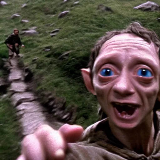 Prompt: Frodo running from gollum, action , go pro footage