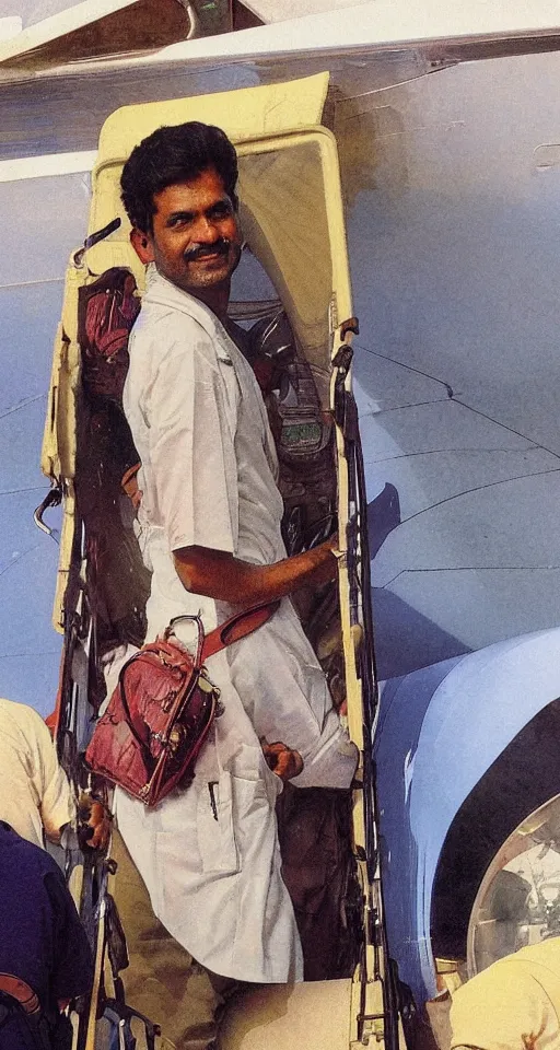 Image similar to close up of an Indian doctor in scrubs disembarking from an airplane at Heathrow in 2022, sun shining, photo realistic illustration by greg rutkowski, thomas kindkade, alphonse mucha, loish, norman rockwell.
