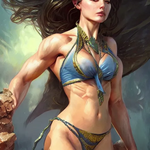Image similar to muscular female monster, deep focus, d & d, fantasy, intricate, elegant bikini, highly detailed, digital painting, artstation, concept art, matte, sharp focus, illustration, hearthstone, art by artgerm and greg rutkowski and alphonse mucha