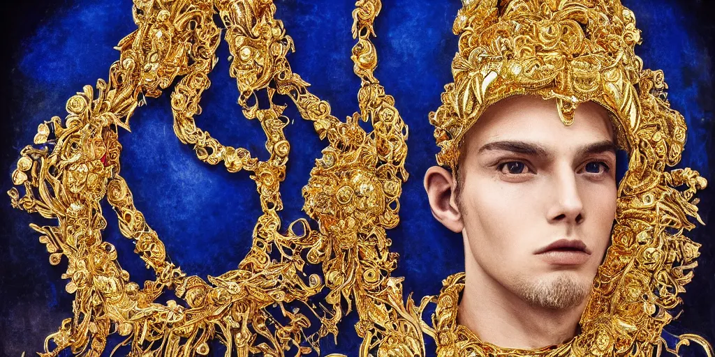 Prompt: dramatic studio portrait of a beautiful flawless symmetrical man wearing intricate otherworldly gold and white jewelry and wearing an ornate elegant gold headdress, hyper realism, very detailed