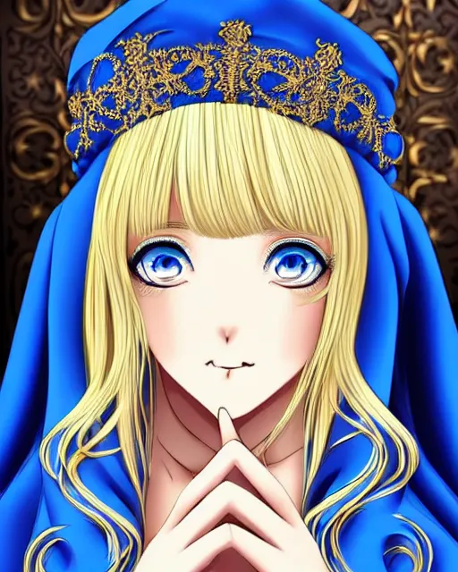 Image similar to a blonde woman wearing a blue veil and blue robes with ornate patterns | | very very anime!!!, fine - face, realistic shaded perfect face, fine details. anime. realistic shaded lighting poster