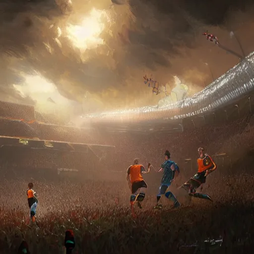 Prompt: soccer game by Greg Rutkowski , Justin Gerard and Haeckel. Artstation, volumetric light