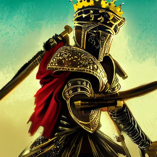 Image similar to a young black boy dressed like an african moorish warrior in gold armor and a crown with a ruby, and a glowing sword, for honor character digital illustration portrait design, by adi granov in a cyberpunk style, dramatic lighting, hero pose, wide angle dynamic portrait