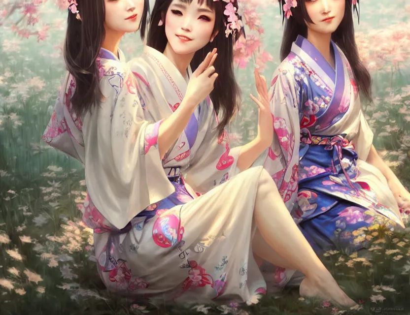 Image similar to two beautiful fashion taiwan girls wear fantasy yukata in festival | | big eyes, sunny, dreamlike art, realistic shaded, smile, good looking, fine details, 4 k realistic, cryengine, realistic shaded lighting poster by greg rutkowski, magali villeneuve, artgerm, jeremy lipkin and michael garmash and rob rey