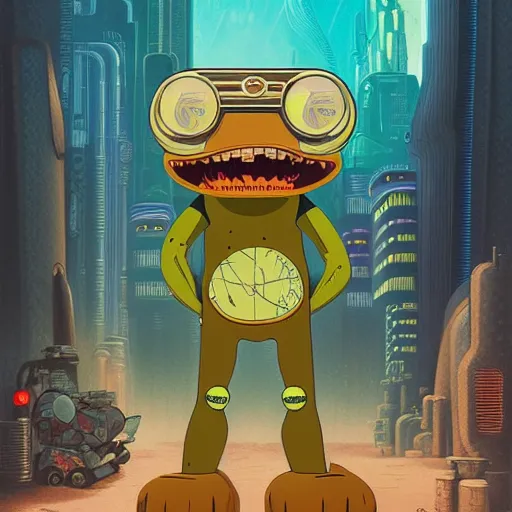 Image similar to cheburashka futurama furry cyberpunk apocalyptic portrait by gaston bussierre and charles vess and james jean and erik jones and rhads, inspired by rick and morty, epic, funny, huge scale, beautiful fine face features, intricate high details, sharp, ultradetailed