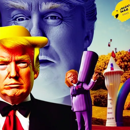 Image similar to portrait of donald trump as willy wonka in, fantasy, splash art, movie still, detailed face, photorealistic facial features, cinematic lighting, dramatic, octane render, long lens, shallow depth of field, bokeh, anamorphic lens flare, 8 k, hyper detailed, 3 5 mm film grain