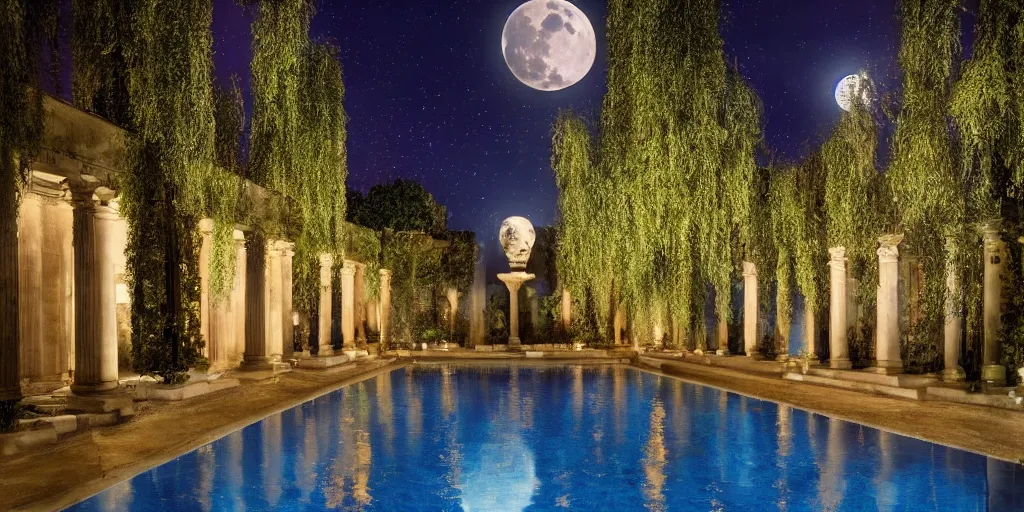 Prompt: photo of beautiful courtyard under moonlight, art deco and baroque aesthetic, large glowing moon, pool with rippling reflections, weeping willows and flowers, hellenistic sculptures, romantic, archdaily,