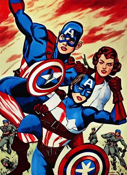 Prompt: beautiful 🦸🏾♀ female captain america standing on a pile of defeated, beaten and broken german soldiers. feminist captain america wins wwii. american wwii propaganda poster by james gurney. gorgeous face. overwatch
