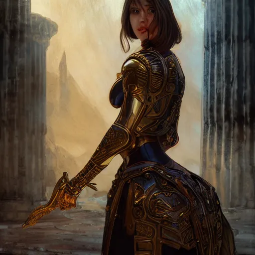 Image similar to portrait knights of Zodiac girl, metallic black and reddish color reflected armor, in ruined Agora of Athens, ssci-fi, fantasy, intricate, very very beautiful, elegant, golden light, highly detailed, digital painting, artstation, concept art, smooth, sharp focus, illustration, art by tian zi and WLOP and alphonse mucha