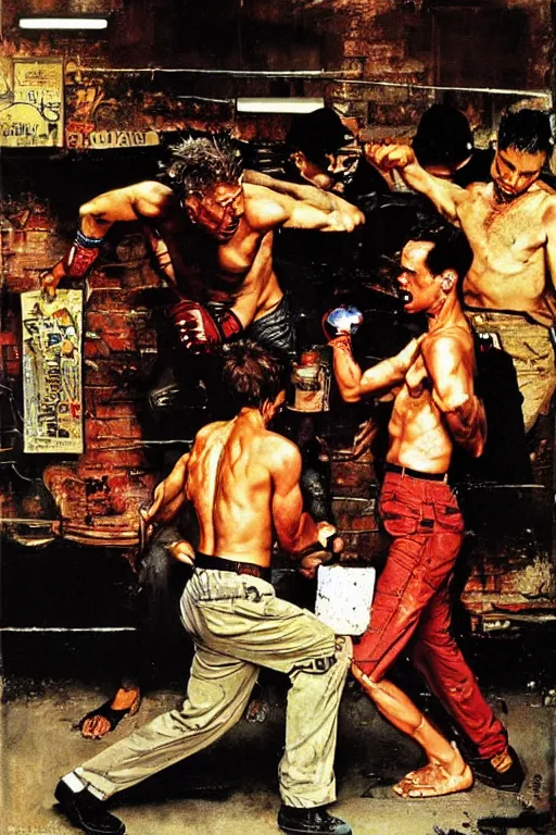 Prompt: Tyler Durden fighting in a basement painted by Norman Rockwell