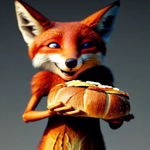 Image similar to weta disney pixar movie still macro close photo of smiling anthropomorphic fox holding on nose a bread with face : : by weta, greg rutkowski, wlop, ilya kuvshinov, rossdraws, artgerm, octane render, iridescent, bright morning, anime, liosh, mucha : :