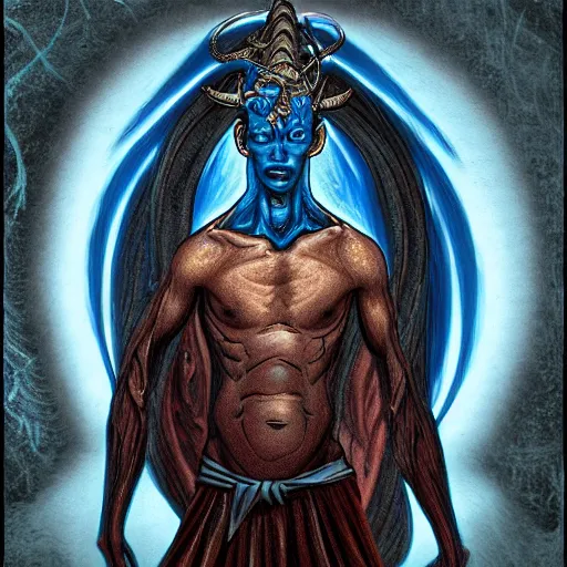 Image similar to blue djinn, horror, male, horns, 3rd eye