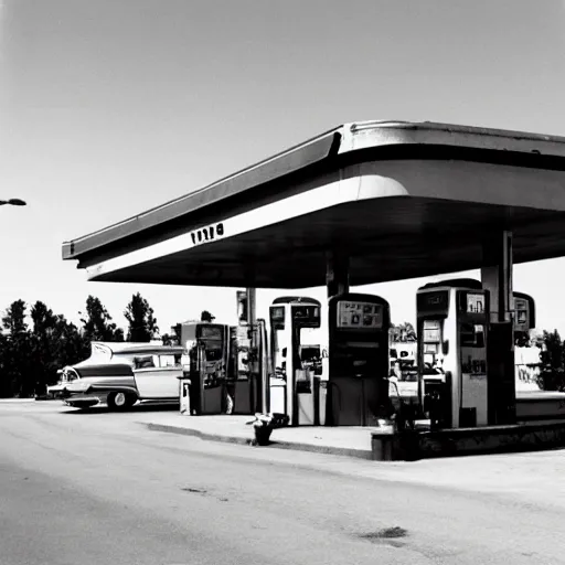 Prompt: a gas station in the 50s, vaporwave