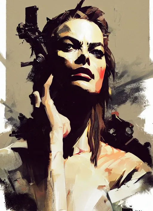 Prompt: Margot Robbie wearing metal gear armor holding revolver dramatic lighting art by Yoji Shinkawa by Richard Schmid by greg rutkowski by Sandra Chevrier by Jeremy Lipking cinematic dramatic