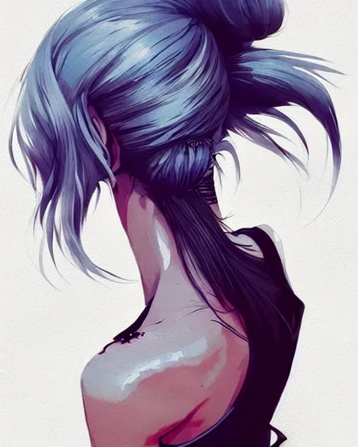 Image similar to a ultradetailed beautiful back painting of a stylish woman with white hair in a pony tail, she is wearing jeans, by conrad roset, greg rutkowski and makoto shinkai trending on artstation