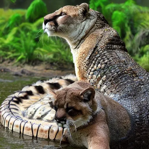 Image similar to crocodile and mountain lion hybrid animal, crocodilian features, real photo, taken in zoo, highly detailed