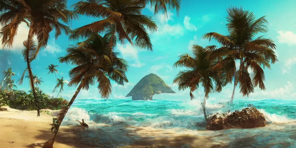 Prompt: the most beautiful tropical island, big waves, seashore, flowers, palmtrees, animals, bokeh, godrays, highly detailed, lowbrow, cinematic, artstation