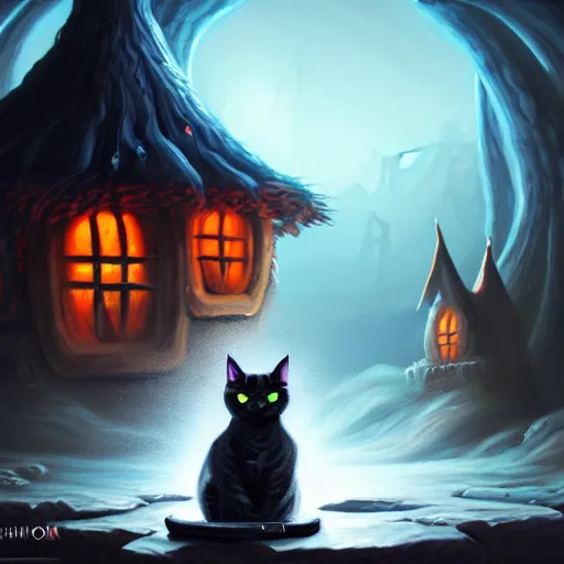 Image similar to Oil Painting of Cat Witch, Anthropomorphized, evil, brewing potion in witch Hut, magic the gathering artwork, horror, D&D, fantasy, cinematic lighting, centered, symmetrical, highly detailed, digital painting, artstation, concept art, smooth, sharp focus, illustration, volumetric lighting, epic Composition, 8k, art by Akihiko Yoshida and Greg Rutkowski and Craig Mullins, oil painting, cgsociety