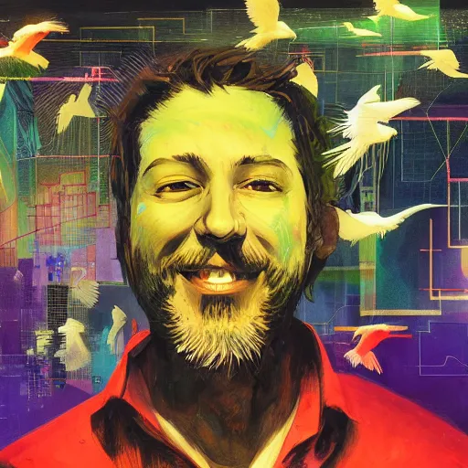 Image similar to a joyful hacker with a subtle beard is surrounded by birds, neon virtual networks, and information visualization, oil on canvas inspired by dave mckean and yoji shinkawa