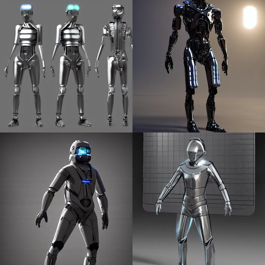 Prompt: a humanoid made of sci fi metal panels wearing tech wear clothing, hard surface concept art, unreal engine, highly detailed, cgsociety