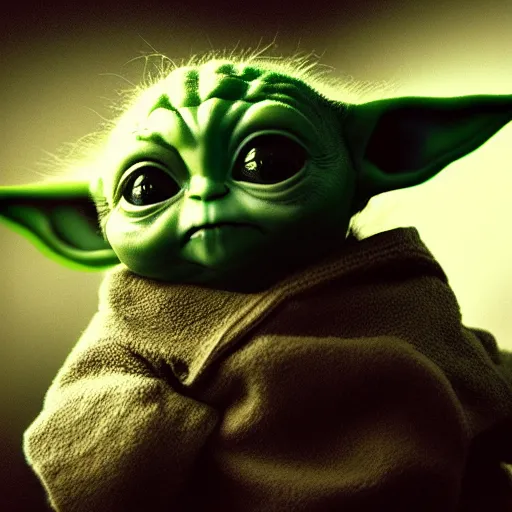 Image similar to detailed cinematic moody colors studio portrait of baby yoda, grogu, high quality by jeremy mann, only one head single portrait