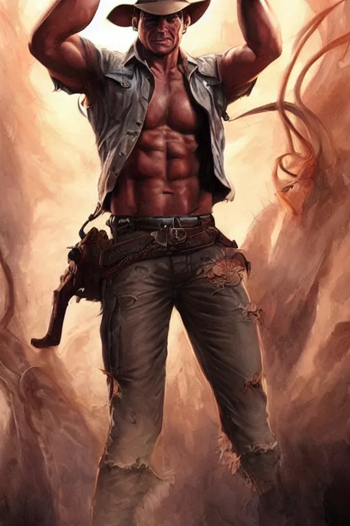 Image similar to pretty muscular sam winchester as indiana jones, clothes torn apart, fantasy style, sharp focus!, ultra detailed, art by artgerm and peter andrew jones, wlop