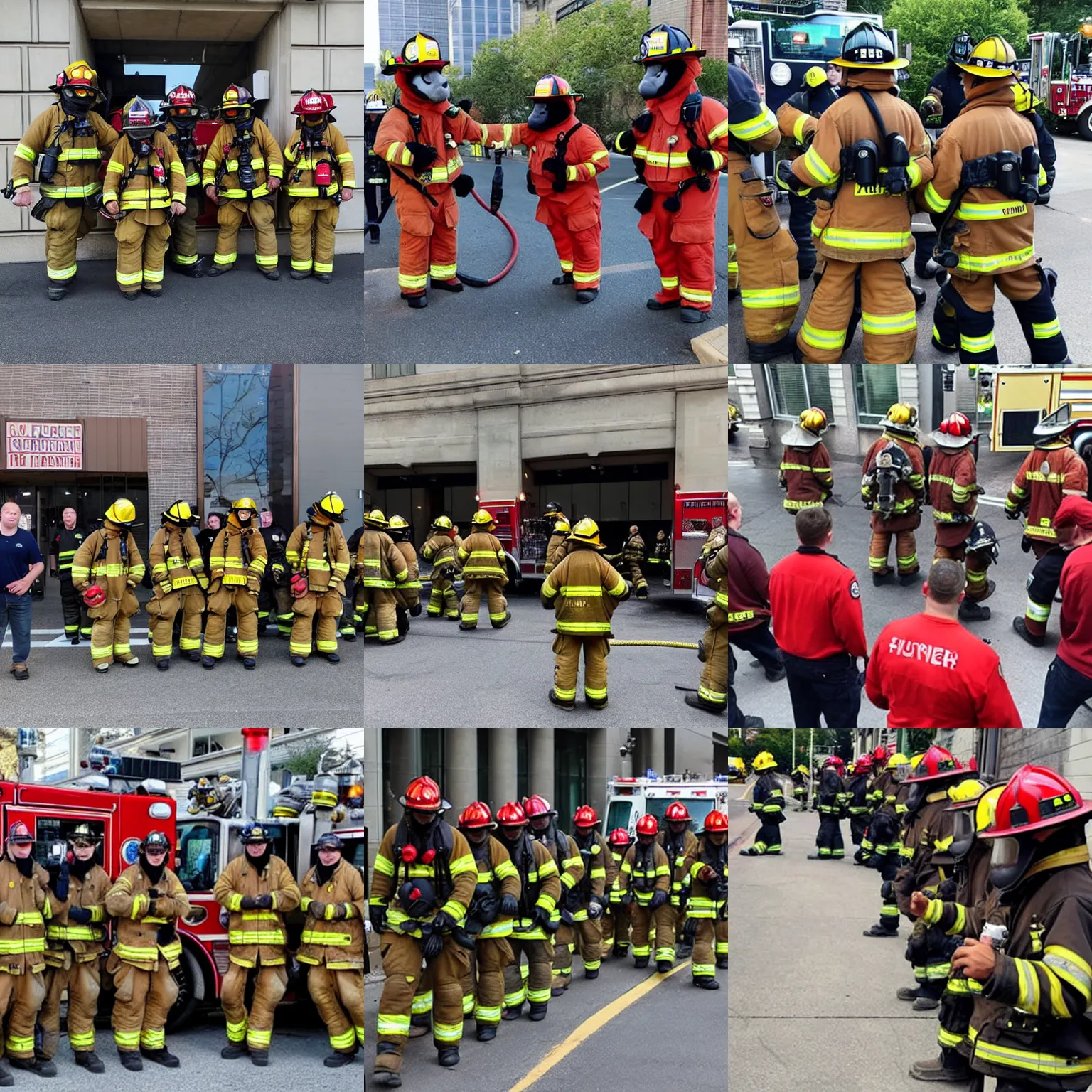 Prompt: A group of firefighters trying their best to hold back and stop furries wearing fursuits from taking over the city