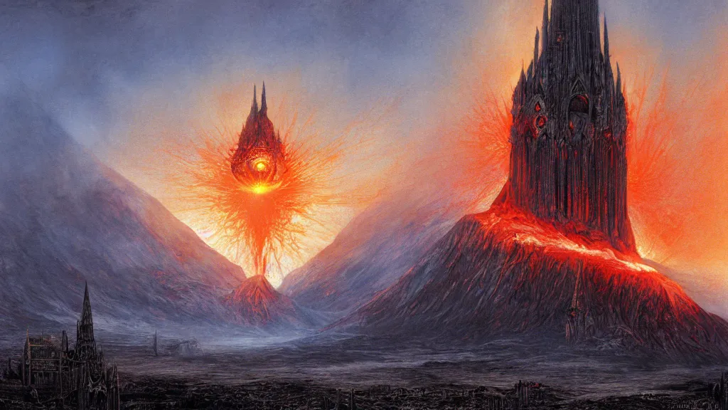 Prompt: mordor, flaming eye of sauron above the tower of darad - dur, by alan lee, intricate, lord of the rings calendar, smooth, detailed terrain, oil painting, trending artstation, concept art, matte painting