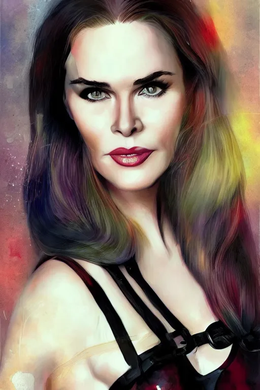 Image similar to mix of beautiful young maria shriver, mariel hemmingway, brooke shields, nicole kidman and elle macpherson as a dominatrix, thin lips, hair tied up in a pony tail, dark blonde hair, colorful, deviantart, artstation, cgsociety