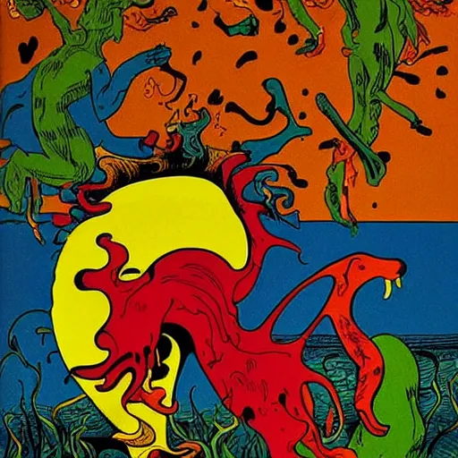 Prompt: madness creature, fluid, smooth, organic, crazy, bright, colours, tumours, high contrast, sharpness, dramatic, very detailed, intricate, by herge and dali