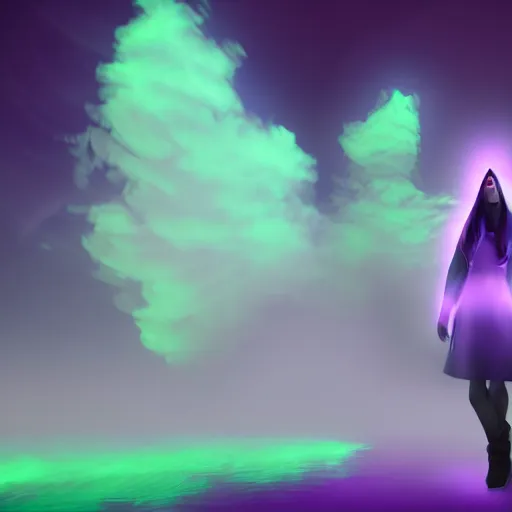 Prompt: luminescent purple wizard, cartoon style, female, dark background, volumetric fog, 4K