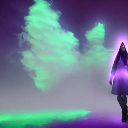 Image similar to luminescent purple wizard, cartoon style, female, dark background, volumetric fog, 4K