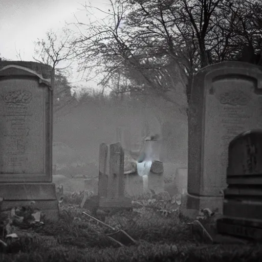 Image similar to A selfie of a woman, with a spooky filter applied, in a dark and eerie graveyard, with headstones and crypts visible in the background, in a Halloween style.