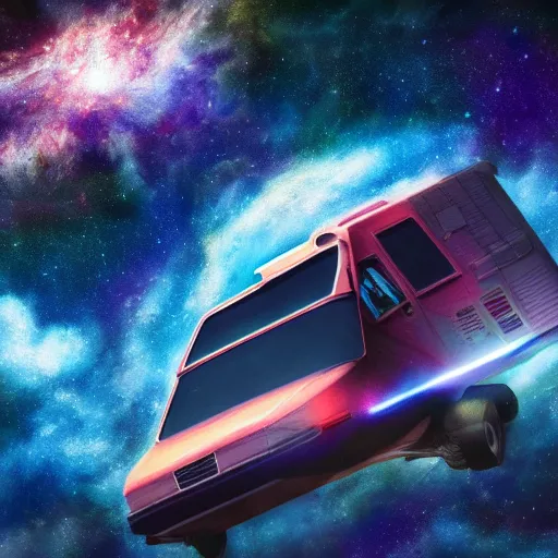 Image similar to a photorealistic concept art painting of a space van flying in front of a nebula, metal, hyper realistic, trending on artstation