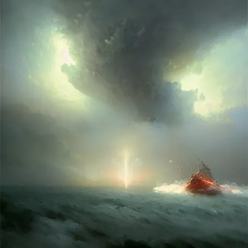 Image similar to ''cinematic shot'' devil fighting god clouds rainny foggy magical particles floating realistic atmosferic made by ivan aivazovsky, peter mohrbacher, greg rutkowski volumetric light effect broad light oil painting painting fantasy art style sci - fi art style realism premium prints available artwork unreal engine