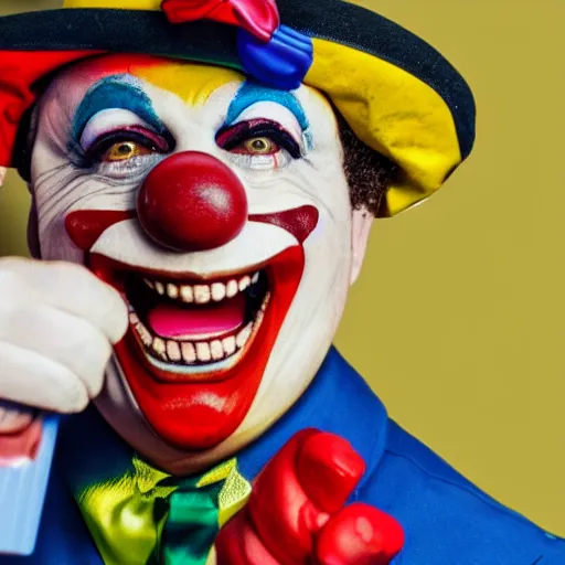 Image similar to Photograph of a clown with a gun looking frantic