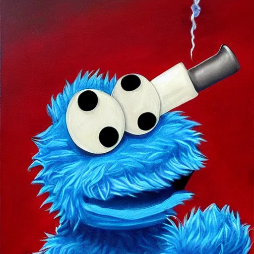 Image similar to cookie monster smoking a pipe, hyper realistic oil painting