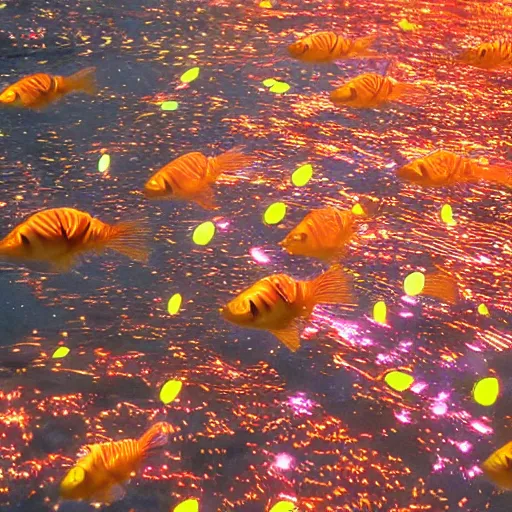 Image similar to beautiful screenshot of school of glowing fish swimming through river from anime film by makoto shintai, night time, close up shot, 4K, colorful, elegant