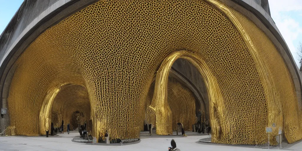 Prompt: knitting gold arch architecture by giger alien