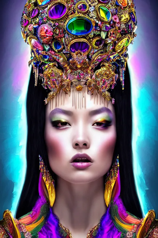 Image similar to a singular beautiful empress dramatic portrait, black hair, with a brilliant, impossible striking shiny big multi colored crystal headpiece, symmetrical, reflective surface, rainbow crystal clothes, rococo, baroque, jewels, asian, realistic, dramatic studio lighting, closeup, D&D, fantasy, intricate, elegant, highly detailed, digital painting, artstation, octane render, 8k, concept art, matte, sharp focus, illustration, art by Artgerm and Greg Rutkowski and Alphonse Mucha