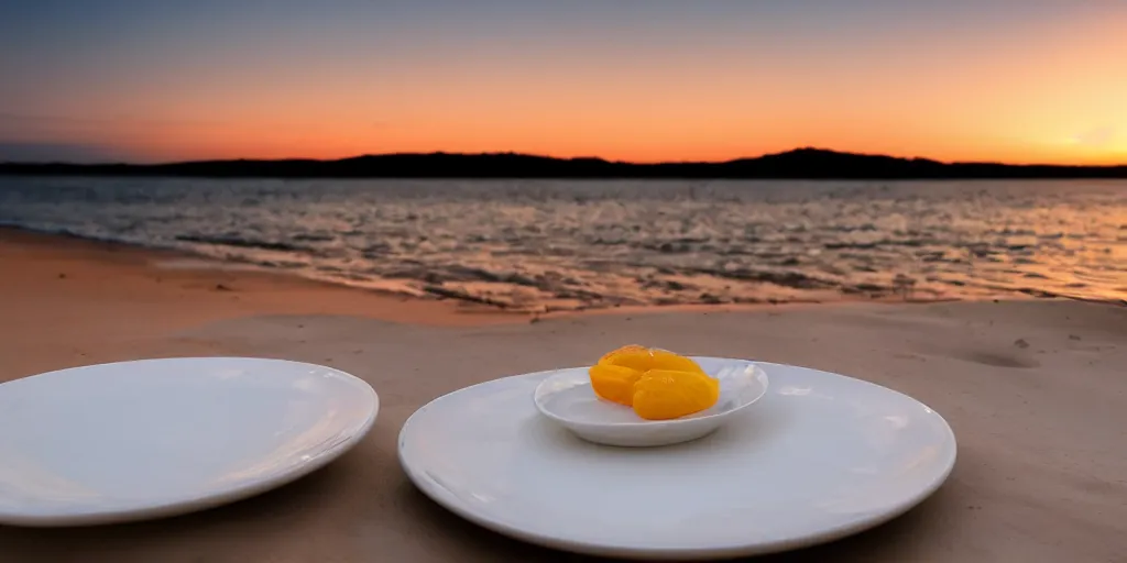 Image similar to professional photo of an empty white dish over a table with a sunset on the beach in the background