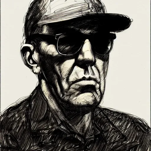 Prompt: a realistic yet scraggly portrait sketch of the side profile of a stern and sophisticated hunter s. thompson, trending on artstation, intricate details, in the style of frank auerbach, in the style of sergio aragones, in the style of martin ansin, in the style of david aja, in the style of mattias adolfsson