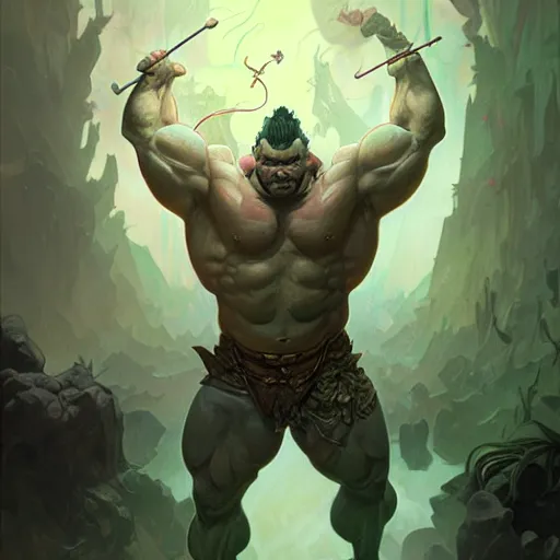 Prompt: muscular orc, D&D character art, portrait, digital painting, handsome, concept art, intricate, mogul khan, Peter Mohrbacher, Alphonse Mucha, Brian Froud, Yoshitaka Amano, Kim Keever, Victo Ngai, James Jean