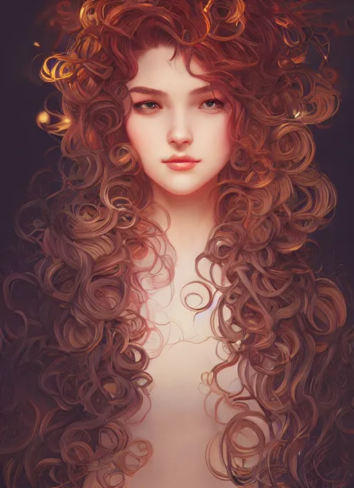 Image similar to beautiful girl with long curly, cute, intricate, highly detailed, digital painting, trending on artstation, concept art, smooth, sharp focus, backlit, rim light, vivid colors, illustration, unreal engine 5, 8 k, art by rossdraws and alphonse mucha