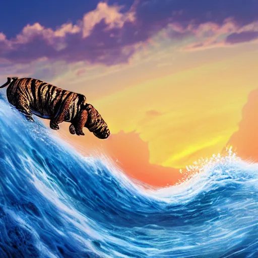 Prompt: a closeup photorealistic photograph of a cute smiling knitted tiger hippopotamus riding a large wave at sunset. surf in the background. professional capture. brightly lit scene. this 4 k hd image is trending on artstation, featured on behance, well - rendered, extra crisp, features intricate detail, epic composition and the style of unreal engine.