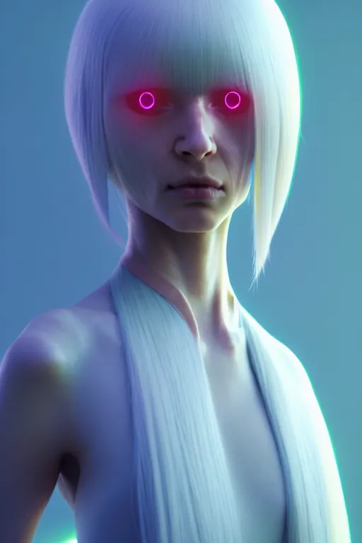 Prompt: upright and straight girl, scifi, futuristic design, full body model, long white hair, character design, cinematic lighting, highly detailed, by beeple, goro fujita, smooth gradient.